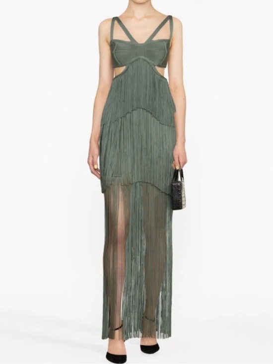 Herve Leger Dresses & Skirts - Herve Leger Strappy Tiered Fringe Maxi Dress Cutout Gown in Willow Green Medium